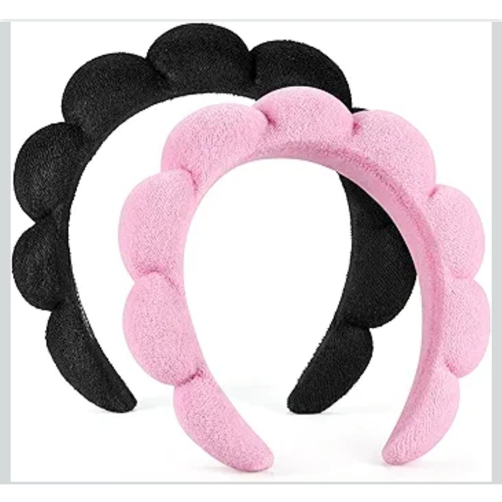 Ztomine 2 Pack Spa Headband Padded Terry Cloth Bubble Cloud Skincare Pink Black